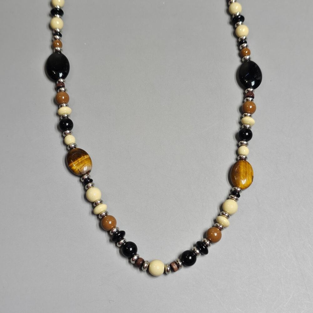 CHAPS Tigers Eye Semi-Precious Beaded Necklace Toggle Boho Silvertone 36" Vtg
